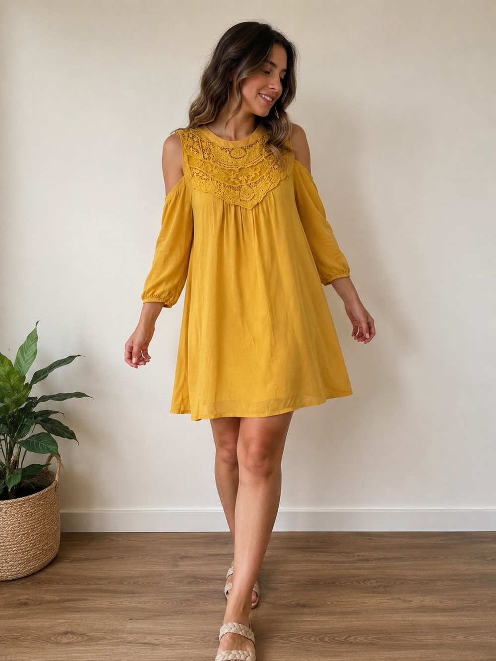 As U Wish Mustard Cold-Shoulder Lace Yoke Mini Dress
